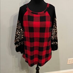 Cato Red and Black Plaid Sweatshirt with Leopard Sleeves